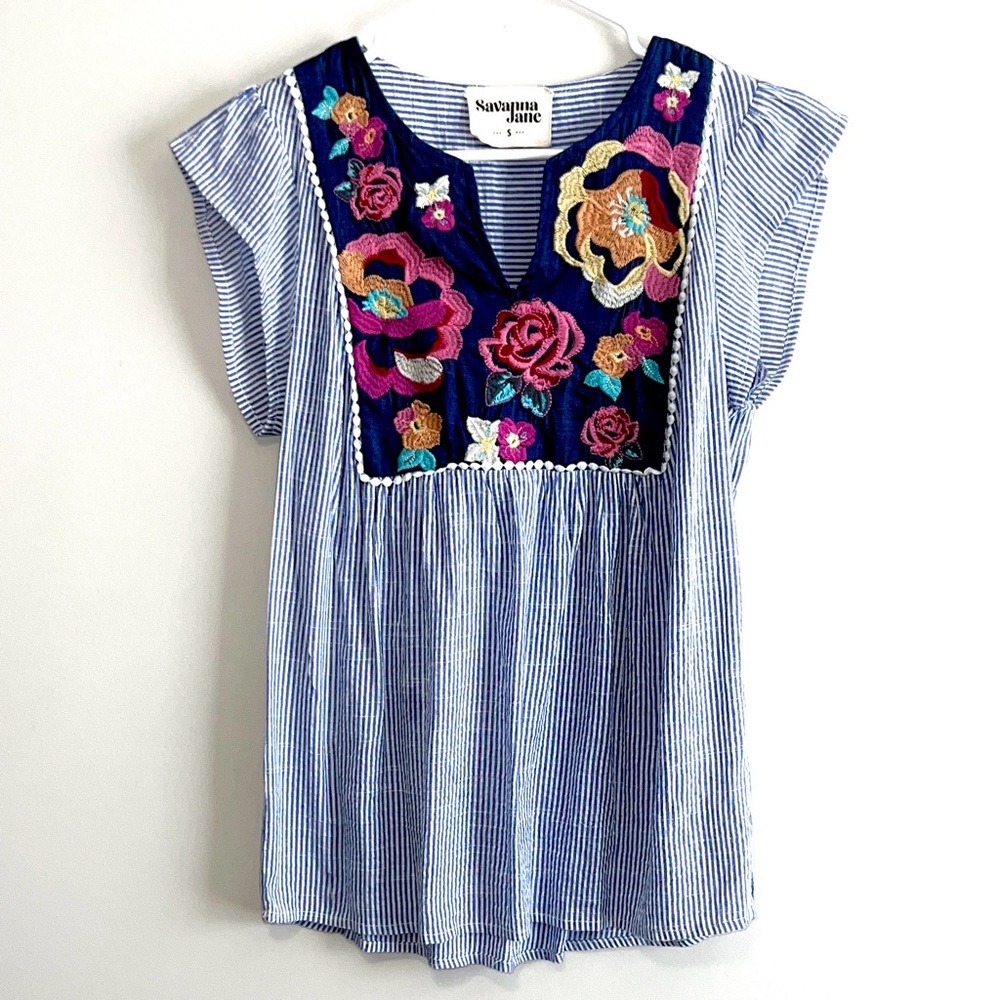 Savanna Jane Floral Embroidery Striped Blouse